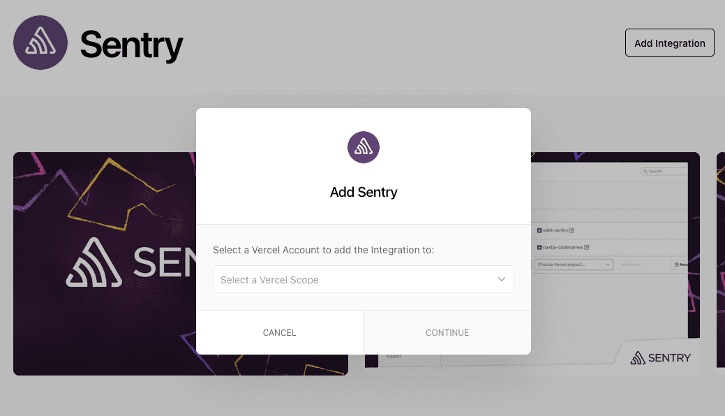 Sentry modal showing Vercel installation